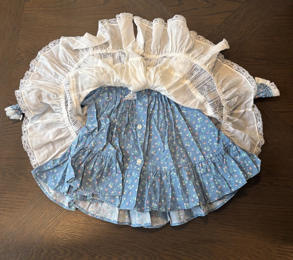 Vintage Bryan Toddler 12M Blue Floral Full Circle Dress w Pinafore Ruffles Lace - Image 4 of 4