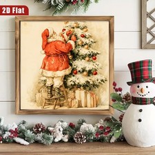 Vintage Santa Claus Decor Christmas Tree Wooden Sign Retro Xmas Art for Entryway