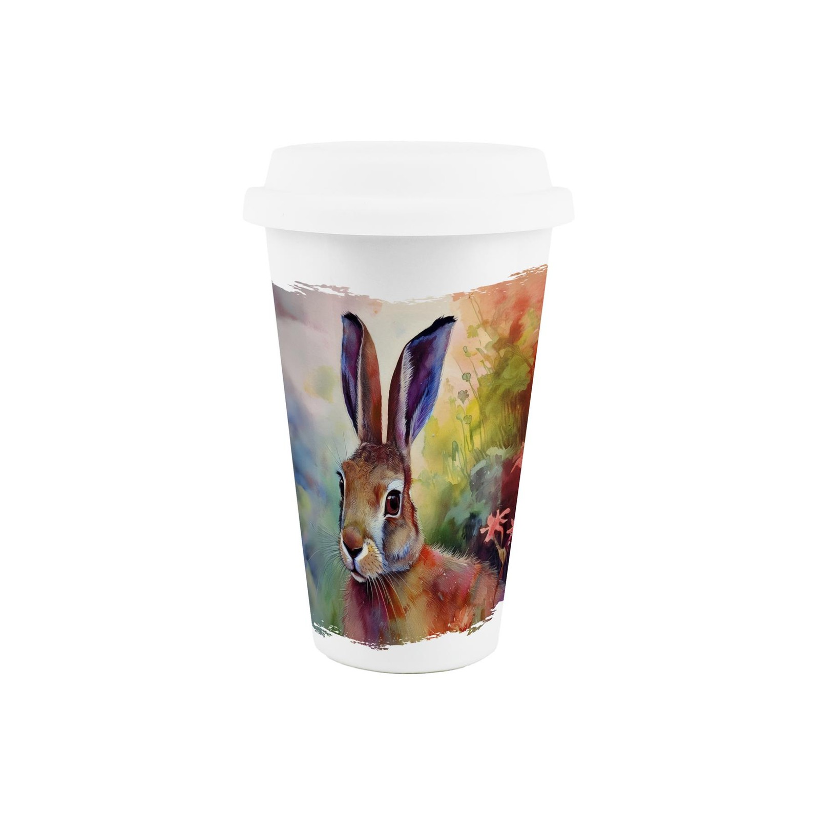 Vivid Hare Ceramic Travel Mug - Colourful Countryside Hot/Cold Drinks Cup Gift