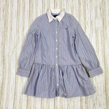 Ralph Lauren Girls Size 8 Blue Striped Cotton Long Sleeve Dress