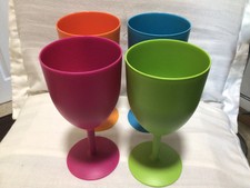 Plastic Wine Cups Reusable X 4 Pink Orange Green Blue 7” Tall Party BBQ VGC