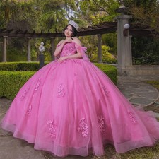 Pink Quinceanera Dresses Ball Gown Floral Lace Applique Glitter Beaded Sweet 16