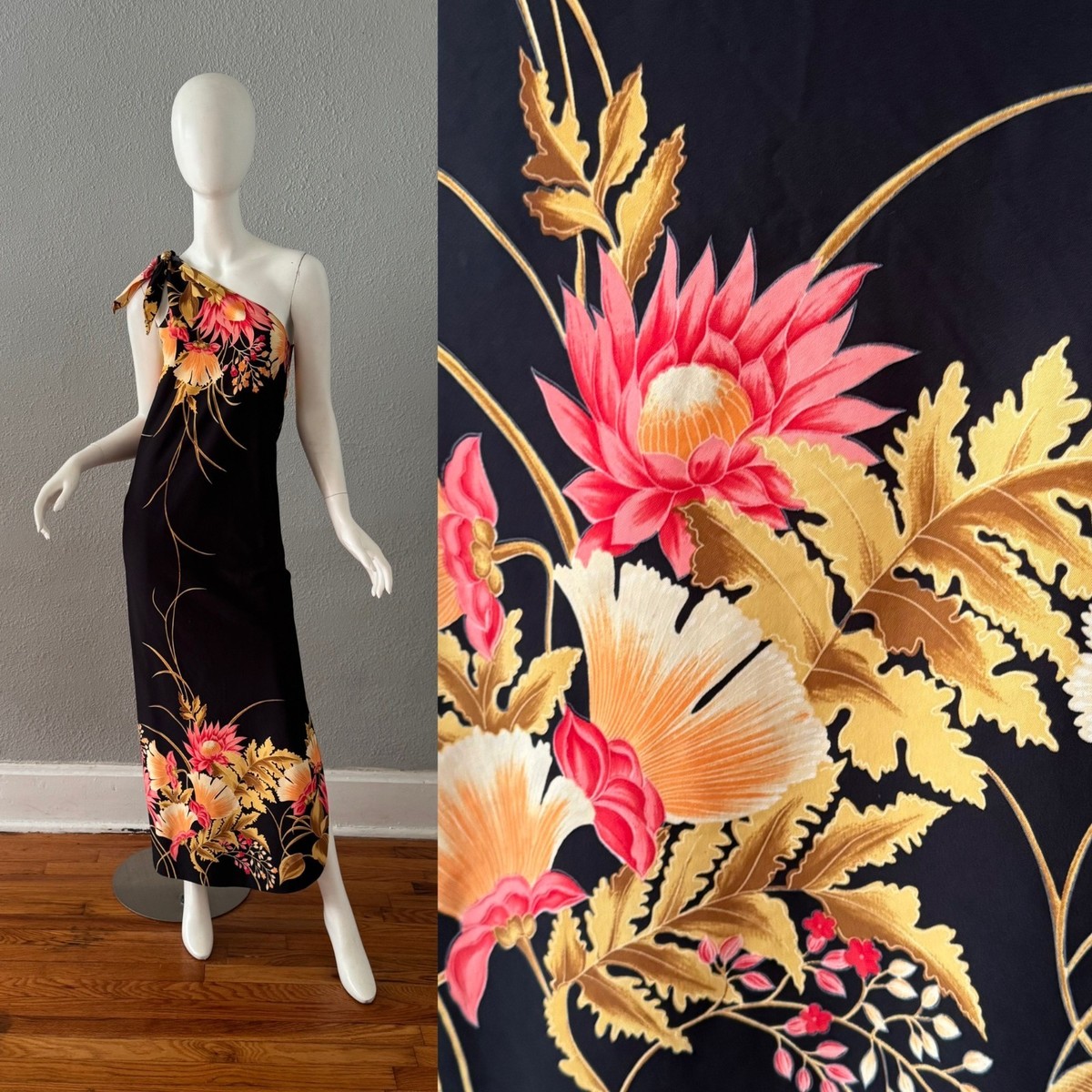 Vintage 60s 70s Black Hawaiian One Shoulder Floral Maxi Dress XS/S Vintage 60s 70s Black Hawaiian One Shoulder Floral Maxi Dress XS/S