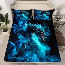 3D Dragon Fitted Queen Size,Black Blue Foggy Bedding Set 3Pcs,Western Magical...