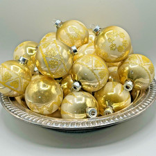 20 Gold & Ivory-Colored Glass Ornaments with Gold Glitter Marked Made in USA