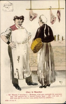 Künstler Ak Chez le Boucher, Frau beim Metzger - 3823687