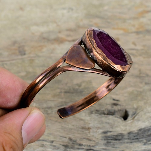 Brazalete Ajustable Corazón Electroformado Cachemira Rubí Artesanal Cobre Ropa de Fiesta - Imagen 5 de 6