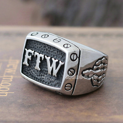 Men's Heavy FTW Middle Finger Ring Jewelry Stainless Steel Skull Skeleton Hand