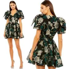 Mac Duggal Emerald Green Black Gold Brocade V Neck Mini Dress Size 10 $498