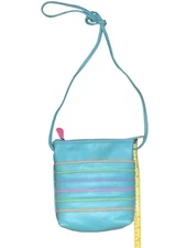 ILI New York Teal Handbag Striped Leather Shoulder Bag Purse Great Condition