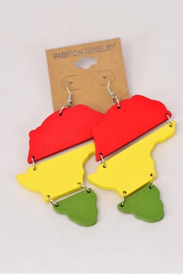 African Continent Earrings Wooden with Hook Large Red Yellow Green