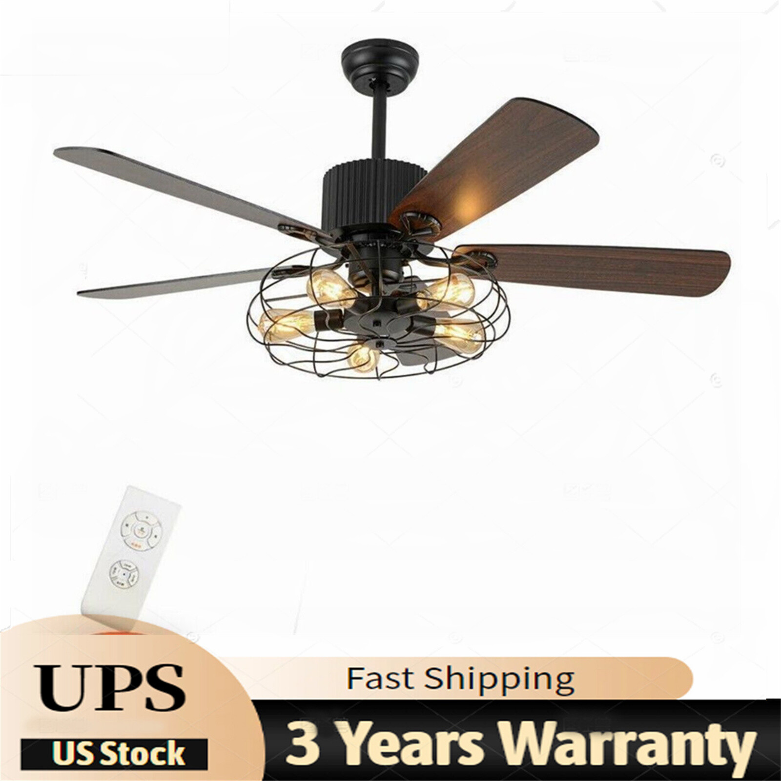 52'' Farmhouse Ceiling Fan Lamp Industrial Rustic Cage Metal LED Light W/  Remote, image size:1600x1600