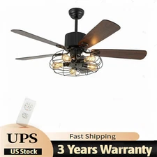 52'' Farmhouse Ceiling Fan Lamp Industrial Rustic Cage Metal LED Light W/ Remote