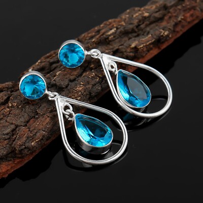 Blue Topaz Gemstone Handmade Dangle Drop Erring's 925 Sterling Silver Stud Earn