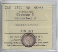 1891 Canada Five Cents Key Date ICCS MS-65 Superb Toning Repunched 8 - Rare  SC1