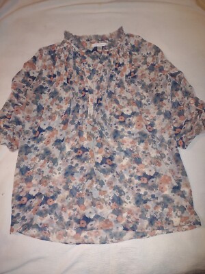 Lauren Conrad Med Watercolor Floral Chiffon Top Fall Rust Pleated 3/4 Sleeve EUC
