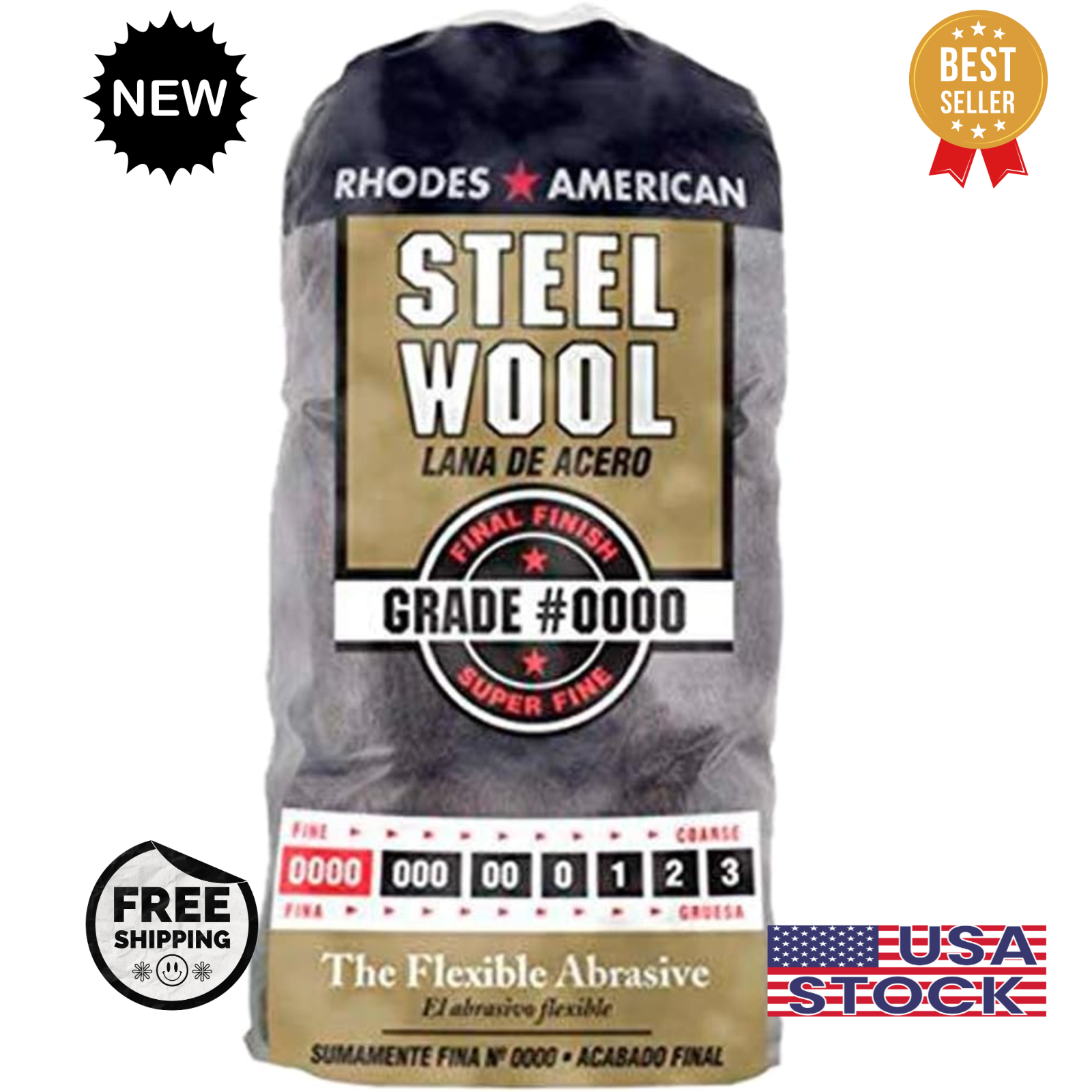 Steel Wool 0000 12 pad Fine Grade Rhodes, American Final Finish Super