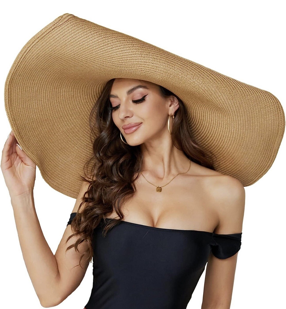 Khaki Straw Hat Trendy Wide Brim Floppy Large Oversized Visor Hat Cap Beach Cute Khaki Straw Fedora Wide Brim Hat | Beach Hats | Dress Up main image 3