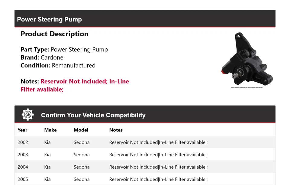 Bomba de dirección asistida Cardone 2003 2004 para Kia Sedona 2002-2005 Foto 2 de 4