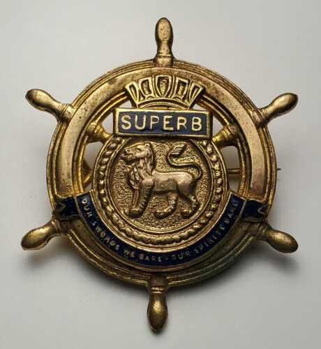 HMS SUPERB GOLD FILLED PIN-SHIP'S WHEEL OUR SWORDS WE BARE OUR SPIRITS DARE - Picture 1 of 5