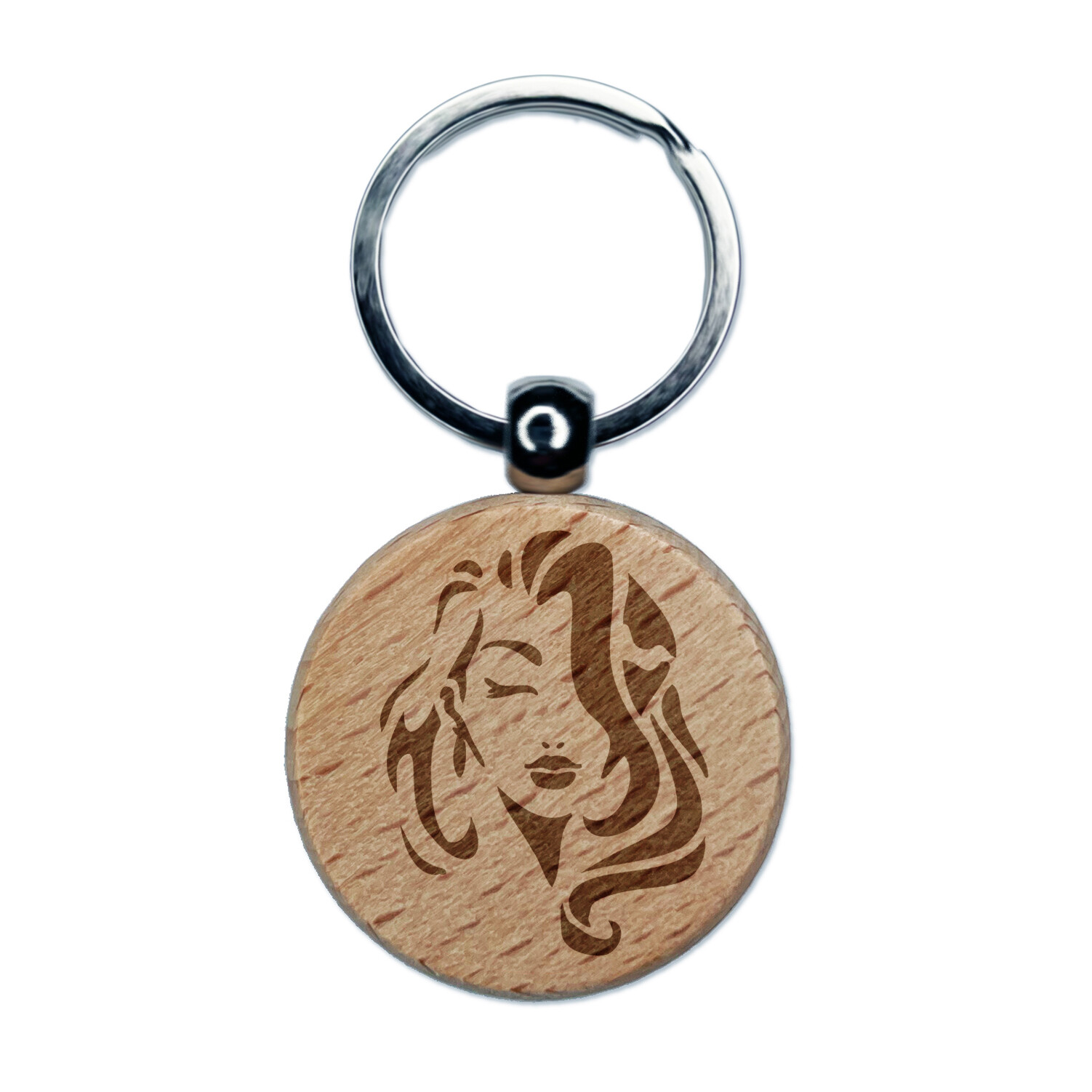 Beautiful Woman with Flowing Hair Engraved Wood Round Keychain Tag Charm