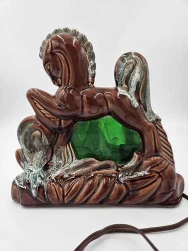 RARE MCM Ceramic Horse TV Lamp w Green Stained Glass Vintage Equine BOHO Rodeo