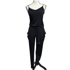 Michael Kors Black Jumpsuit Sz XXS Gold Chain Straps Tie Waist Tapered Leg