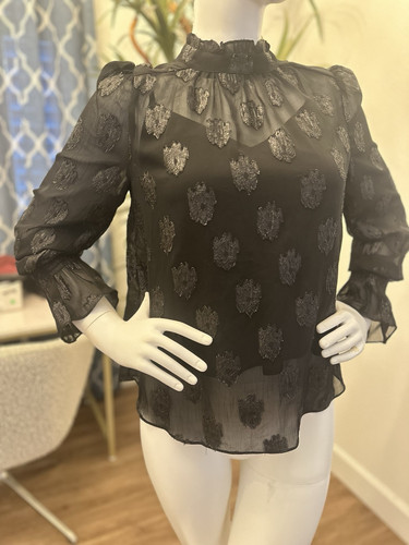 NWT DO+BE High Neck Sheer Shimmer Blouse Top Flounce Sleeve Women Size S Chiffon