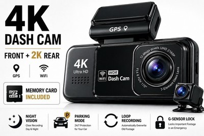4K Dash Cam Front Rear 2K WiFi GPS Night Vision Parking Mode Memory Included