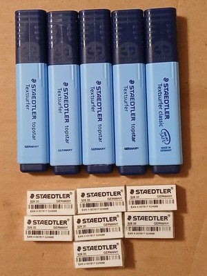 5 STAEDTLER 364-3 BLUE TOPSTAR TEXTSURFER HIGHLIGHTERS + 7 526 35 ERASERS