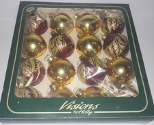 Vintage 16 Glass Visions by Holly Gold Red Glitter Christmas Ornaments in Box