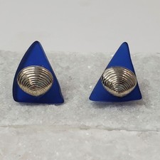 Blue Sea Glass  Silver Tone Shell Triangle Earrings