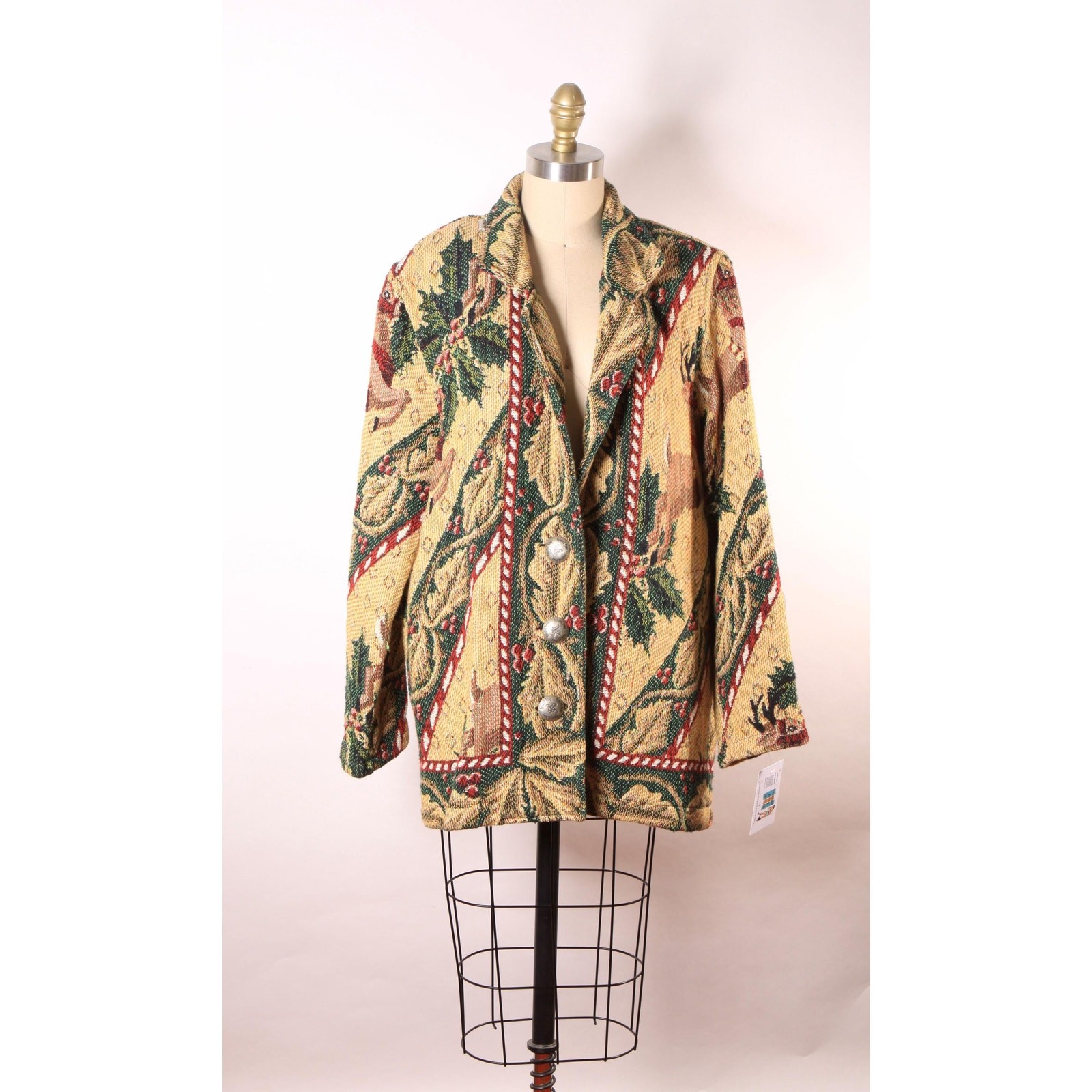 1980s 1990s Tan Red Green Novelty Deer Christmas Tapestry Jacket by Painted Pony