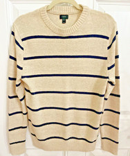 NWT J. Crew Men's Cotton Wool Blend Crewneck Sweater Tan/Navy Blue Striped Sz S
