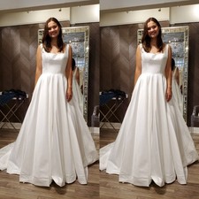 Simple Wedding Dresses Square Neck Satin A Line Ruched Sweep Train Bridal Gowns