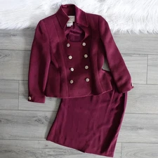 Rickie Freeman Teri Jon Nites Burgundy Crystal Button Skirt Suit Set Silk Wool