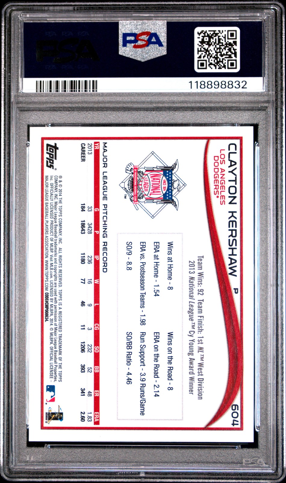 2014 TOPPS #604 CLAYTON KERSHAW PSA 10 view 2