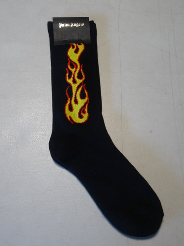 Palm Angels BLACK Crew Socks Flame Pattern Mid Calf Red Yellow S/M -MSRP $79.00