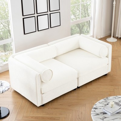 Stylish White Chenille 2-Seater Sofa with Storage Seat, Cylindrical Backrest and