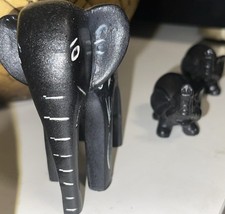 Carved Soapstone Elephant Set of 3 Black Etched Figurines Trunk Up Kenya VTG