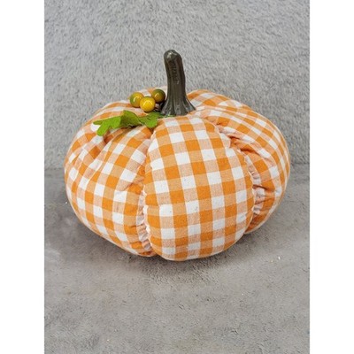 Orange Gingham Fabric Pumpkin Fall Decor Harvest Checkered 6 Inch Resin Stem