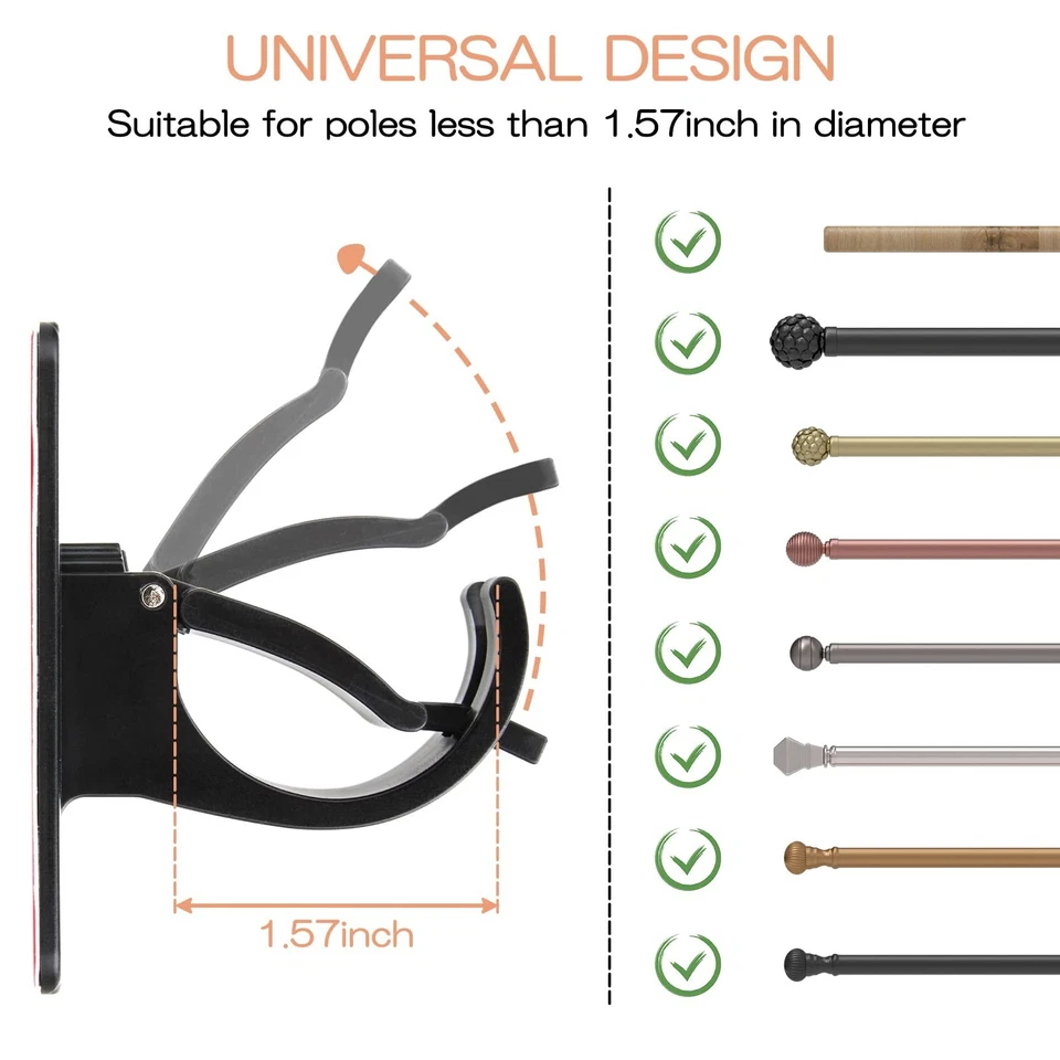 Paquete de 6 soportes de barra de cortina autoadhesivos de alta resistencia sin taladro soportes de montaje en pared Foto 2 de 4