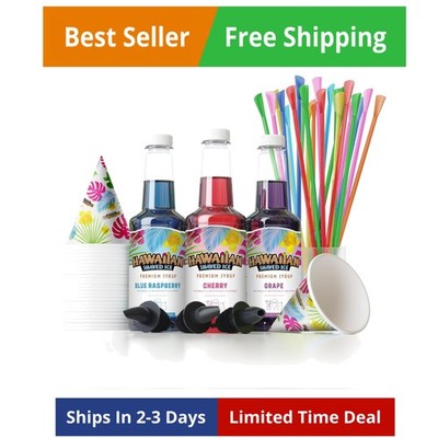 Syrup Assortment with 3 - 16oz Bottles, 25 Snow Cone Cups, 25 Spoon Straws, a...