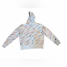 Champion Logo Hoodie Boys Size M White All Over Print Pullover Sweatshirt