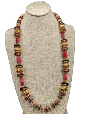 Vintage Miriam Haskell Signed Long Disc Red Black Gold Tone Beaded Necklace 30'' 