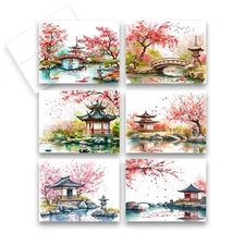 12 Assorted Note Cards Blank with Envelopes - Japanese Garden ( 2 of Each )
