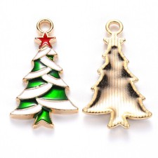 2 Christmas Tree Charms Silver Enamel Themed Jewelry Supplies Gold 27mm
