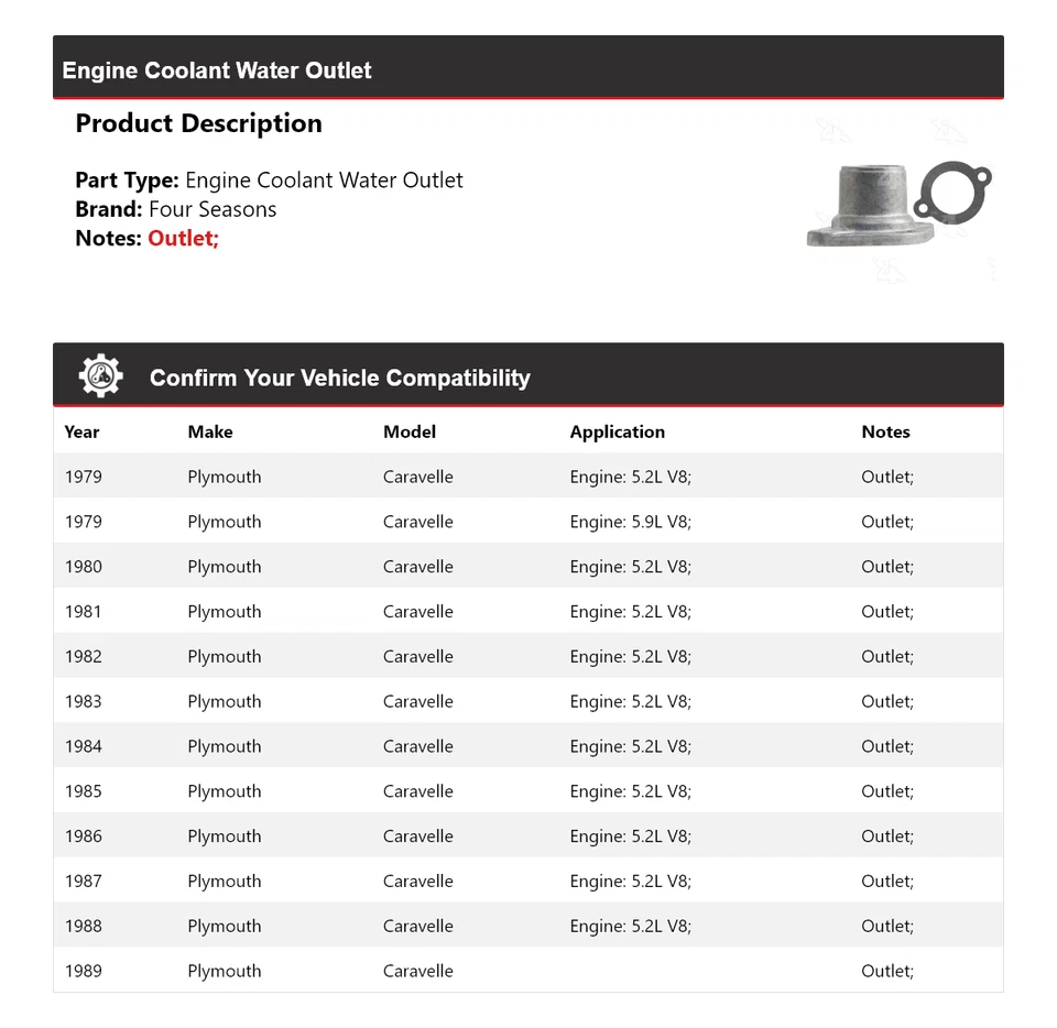 Salida de agua refrigerante motor Plymouth Caravelle 1979-1989 4 estaciones 1980 1981 Foto 2 de 4