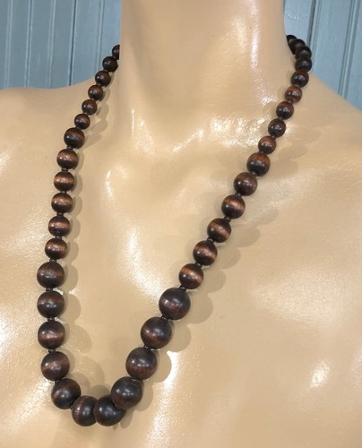 Brown Wood Round Beads Hook Loop Closure Long Hippie Boho Women's Necklace - Picture 3 of 5