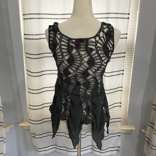 VTG Women Juniors Med Charcoal Gray Open Weave Crochet Y2K Whisigoth Boho Top - Bild 6 von 10
